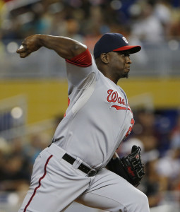 Sep 21, 2014; Miami, FL, USA; Washington Nationals relief pitcher Rafael Soriano (29) throws the ball in the ninth inning in a game against the Miami Marlins at Marlins Ballpark. The  Nationals won 2-1. Mandatory Credit: Robert Mayer-USA TODAY Sports
